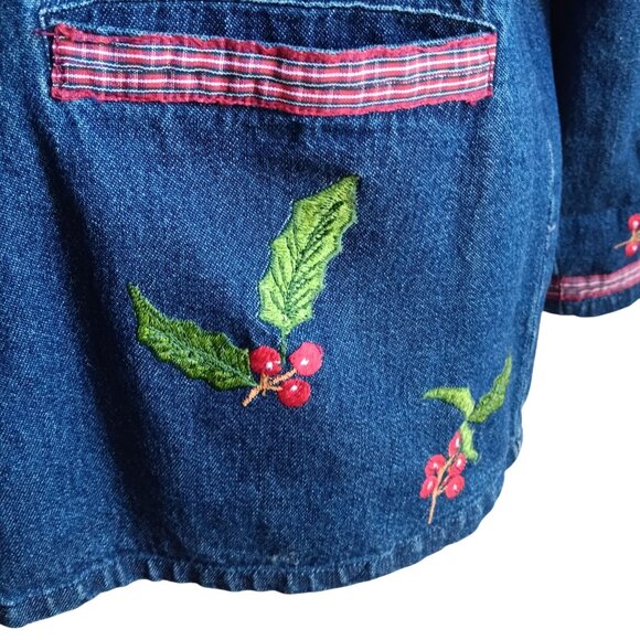 Women's Petite Medium PM Embroidered Denim Jacket Christmas Appleseeds Cottage - Picture 5 of 7